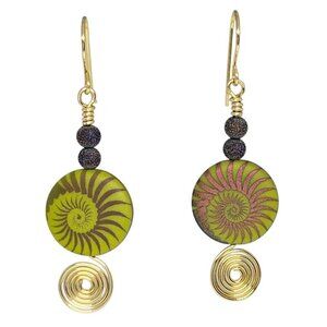 Ammonite Wasabi Green Beaded Earrings with Gold Spiral Charm – Handmade Boho Dan